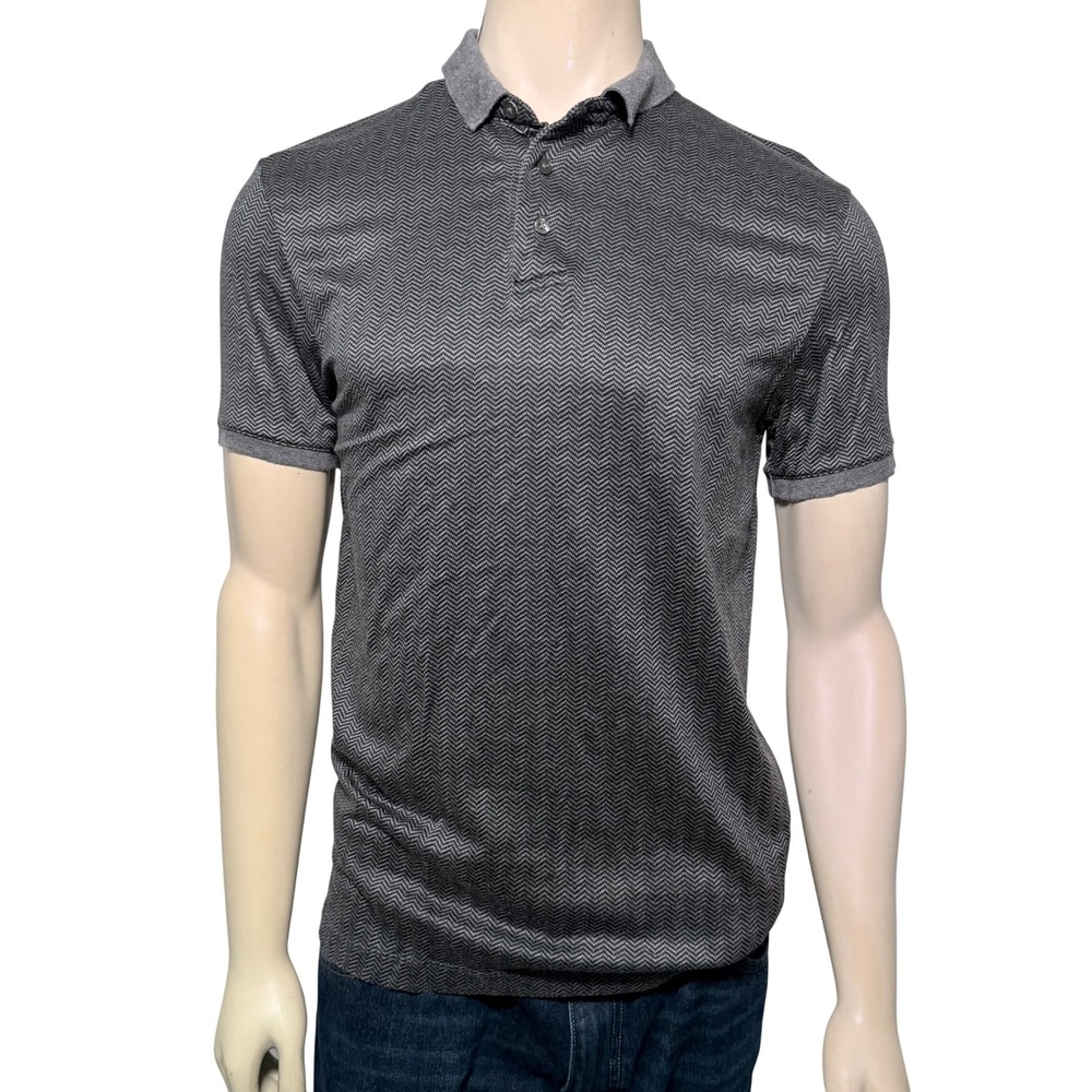 Emporio Armani Mens Medium Grey Chevron Knit Polo Shirt Lyocell Cotton Luxury EA